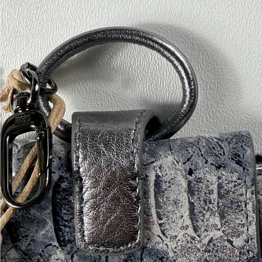 Hobo Silver Snakeskin Leather Mini Bag Charm‎ Pouch O-Ring Handle New